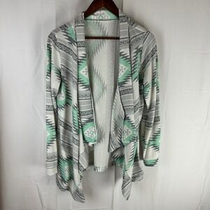 Women's Waterfall Cardigan‎ Aztec Print Mint Gray White Long Sleeve Open Front M